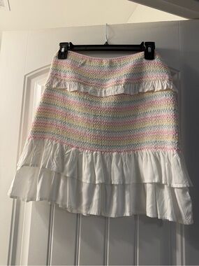 White Tiered Smocked Mini Skirt with Pastel Stripes